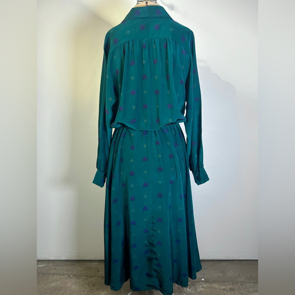 Vintage 80s/90s Liz Claiborne 100% Silk Dark Green Print Midi/Maxi Dress Size 8 - Picture 6 of 16